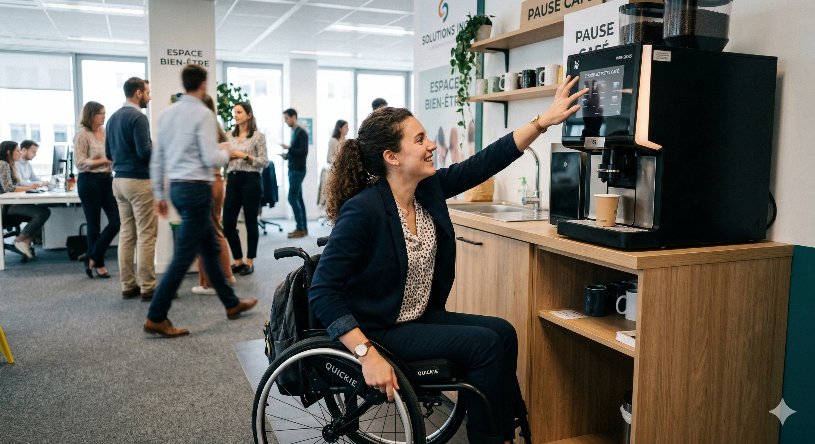 Salarié naviguant en fauteuil de ville dans un espace de travail à Clermont-Ferrand
